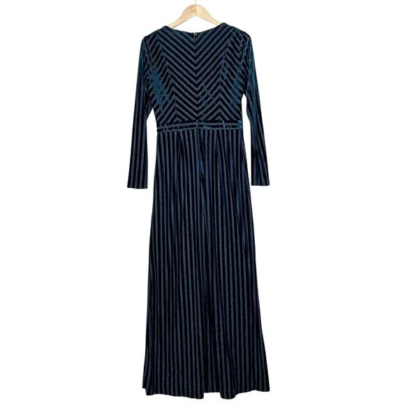 Belle BADGLEY MICSHKA Velvet Long Gown Womens 6 Teal Blue Stripes Formal Evening - Picture 5 of 11